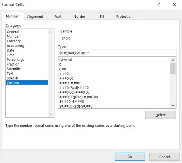 Format Cells Type input field