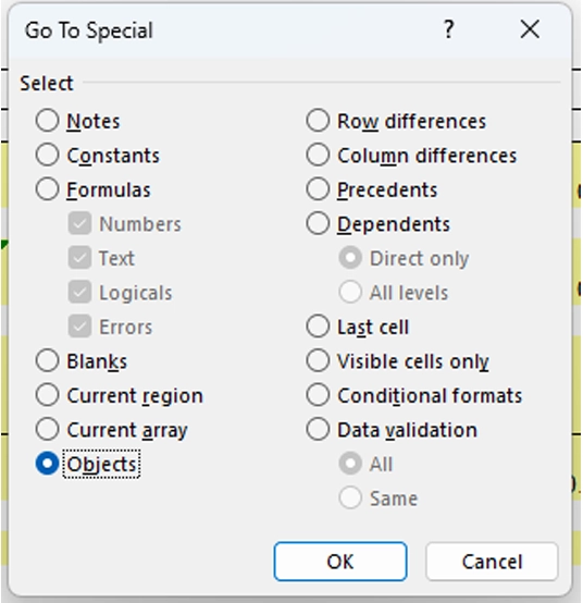 Go To Special dialog with Objects selected