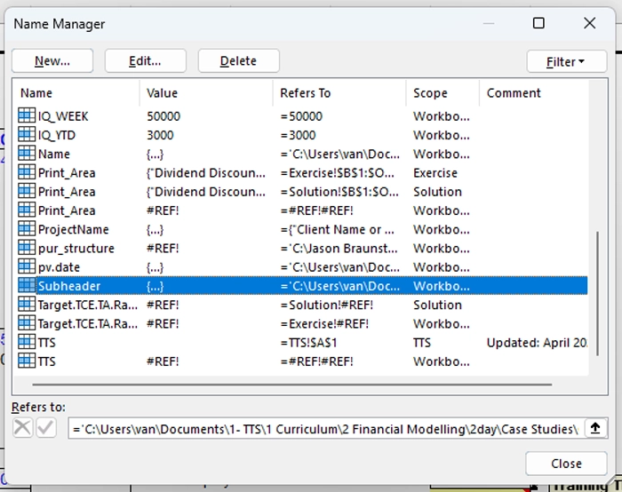 Name Manager showing external file reference in Refers To column