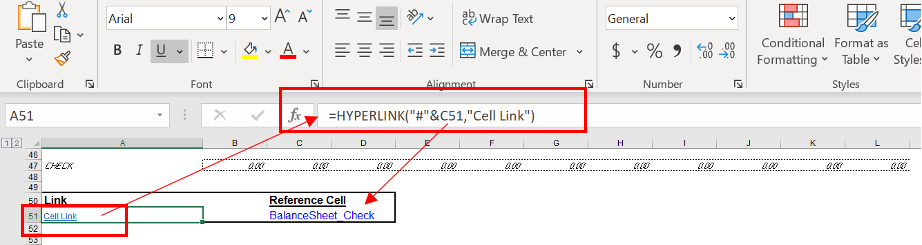=HYPERLINK(“#”&”BalanceSheet_Check”,”Cell Link”)