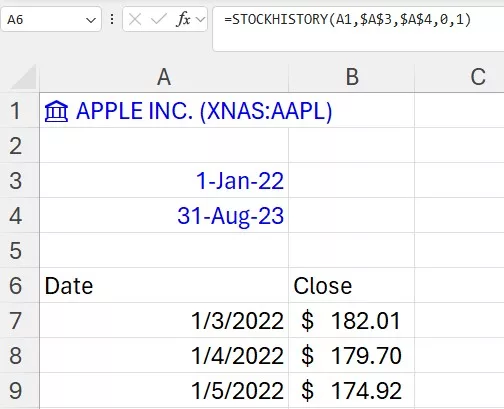 Pulling in share price data with StockHistory in Excel 
