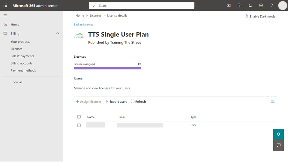 Admin Center - License Assigned