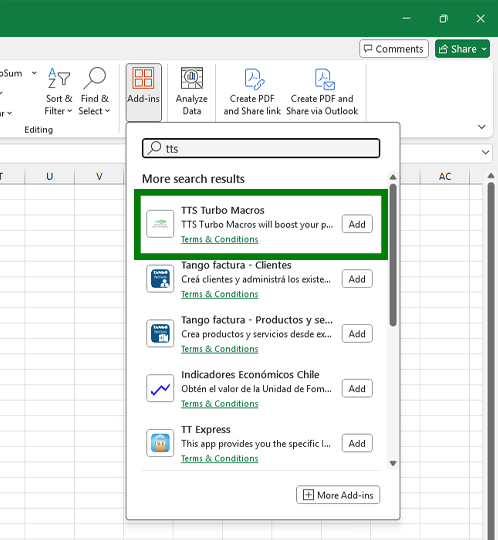 Excel - Search for TTS Turbo Macros add-in
